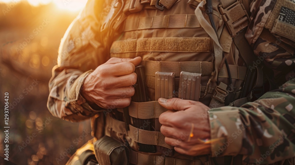 Poster a soldier adjusts his tactical vest while standing in a sunlit area, readying for training exercises