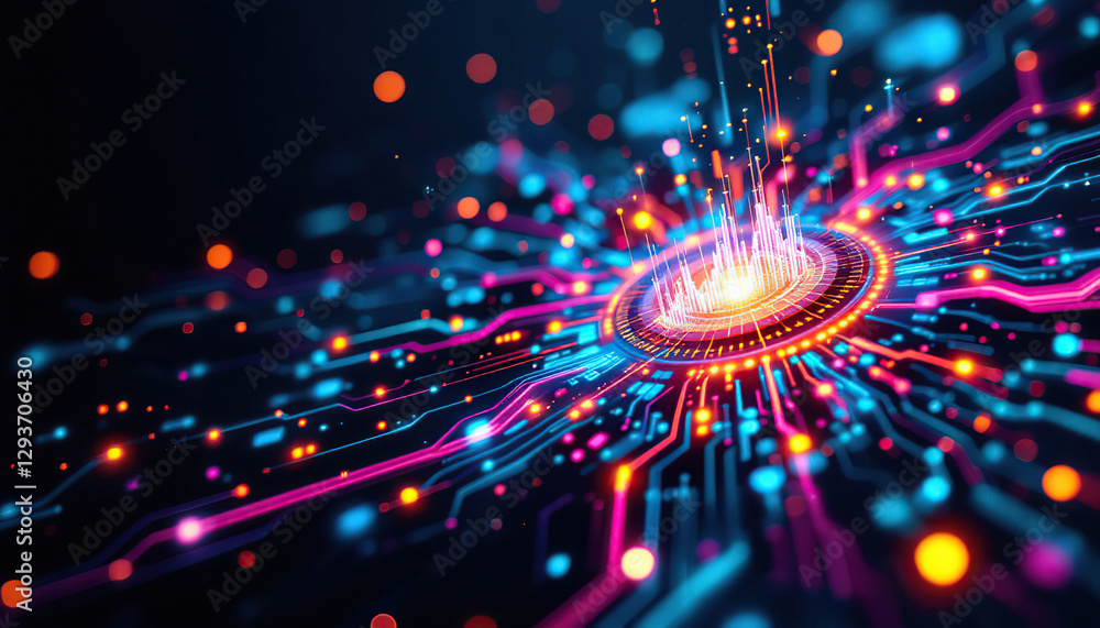 Poster abstract digital circuit board with glowing lines and nodes