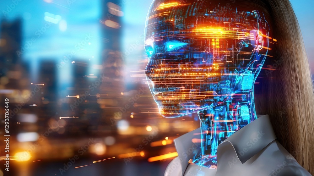 Poster a captivating futuristic image depicting a cyborg face with glowing digital patterns and geometric s
