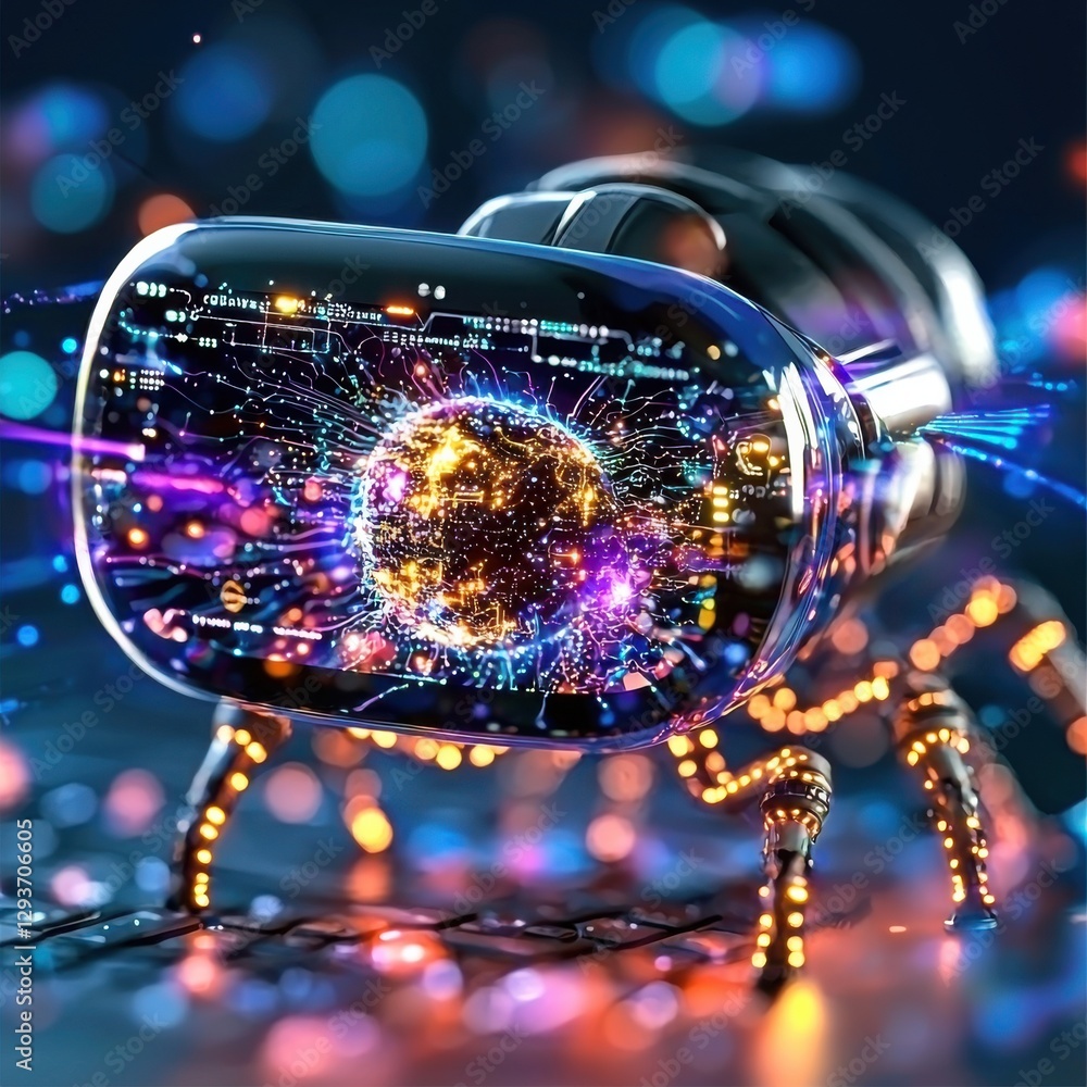 Poster mesmerizing glowing spherical fractal form surrounded by a dazzling digital kaleidoscope of shimmeri
