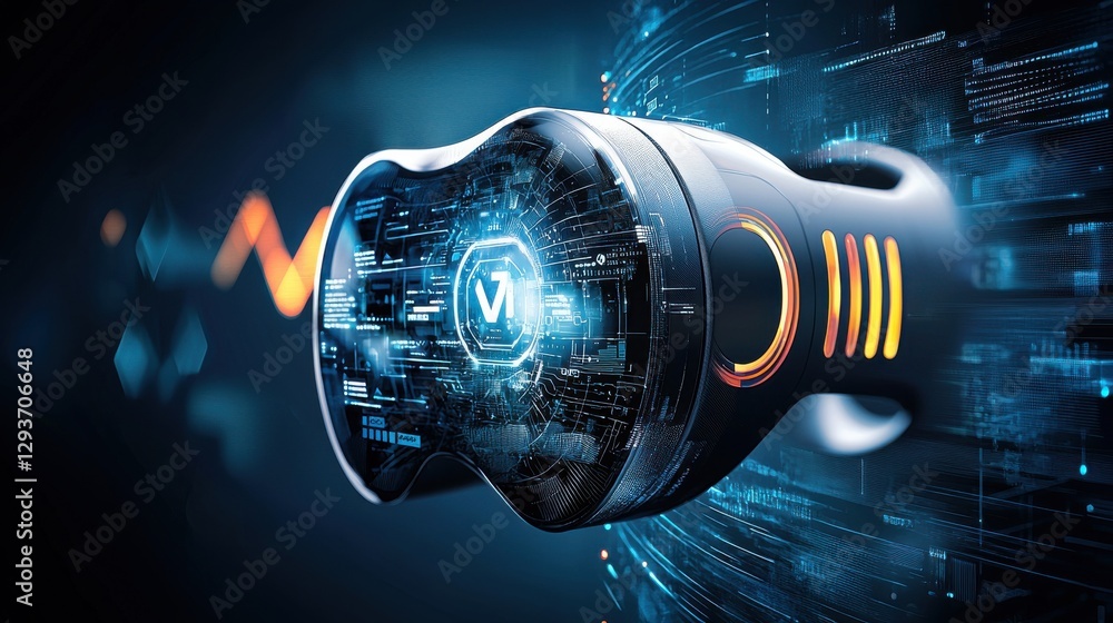 Poster conceptual image depicting a technologically advanced energy powered machine or device with a sleek 