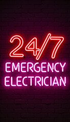 Neon '24/7 Emergency Electrician' sign glowing on dark brick wall, urgency