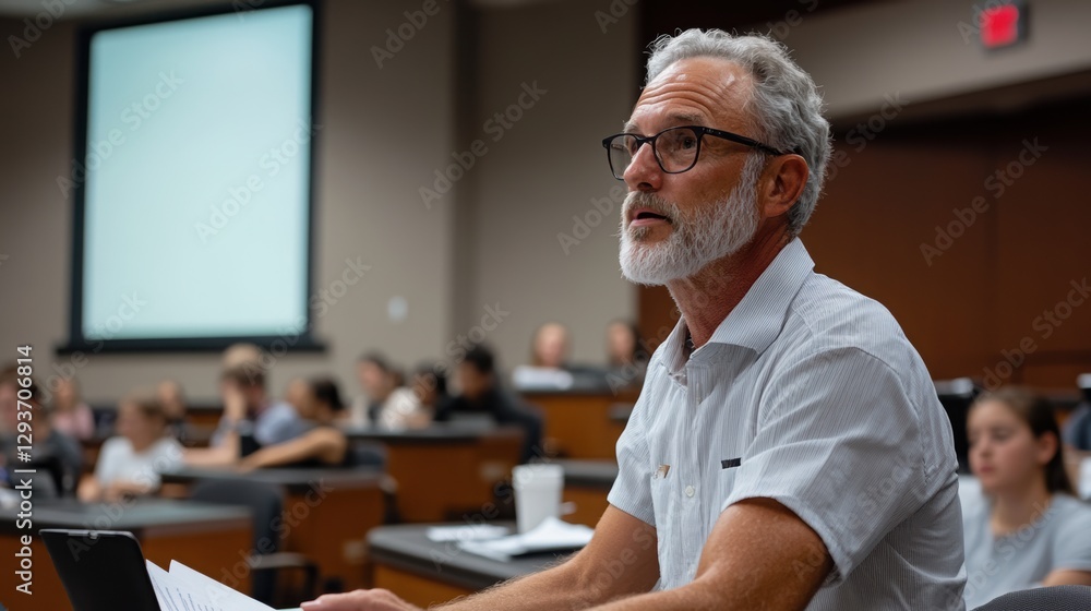 Poster professor guiding college students during a task in a modern classroom setting for effective learnin