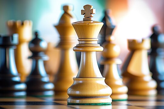 Close-up shot of a single chess piece on a chessboard - Powered by Adobe
