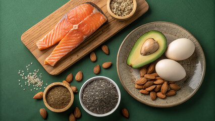 Keto diet theme – top view of salmon, avocado, eggs, nuts, and seeds on a bright. Ideal for fitness and cookery blogs and websites.