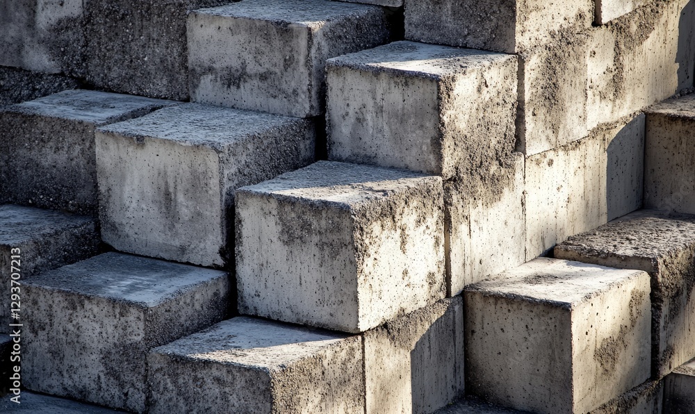 Poster stacked concrete cubes forming an abstract pattern.