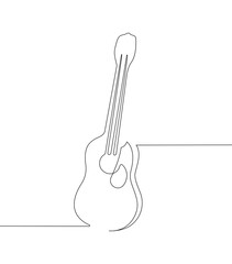 Minimalistic one continuous line drawing of a guitar with musical harmonics on a white background.