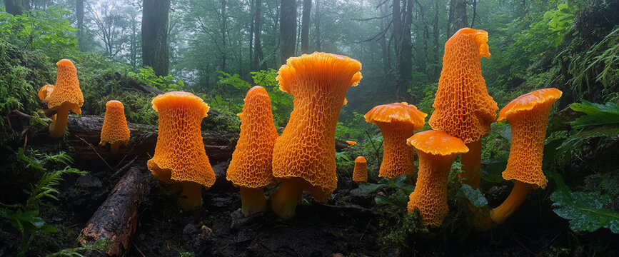 A group of vibrant orange netted stinkhorn mushrooms growing in a lush green forest, symbolizing the beauty of nature, fungi, and biodiversity in a misty woodland environment.