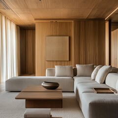 The image represents a modern living room with natural wood elements