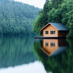 Fototapeta premium Tranquil lakeside cabin with soft dappled sunlight reflections.