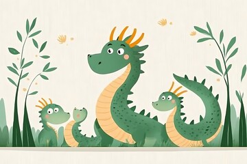Green Dragon Family in Spring Meadow