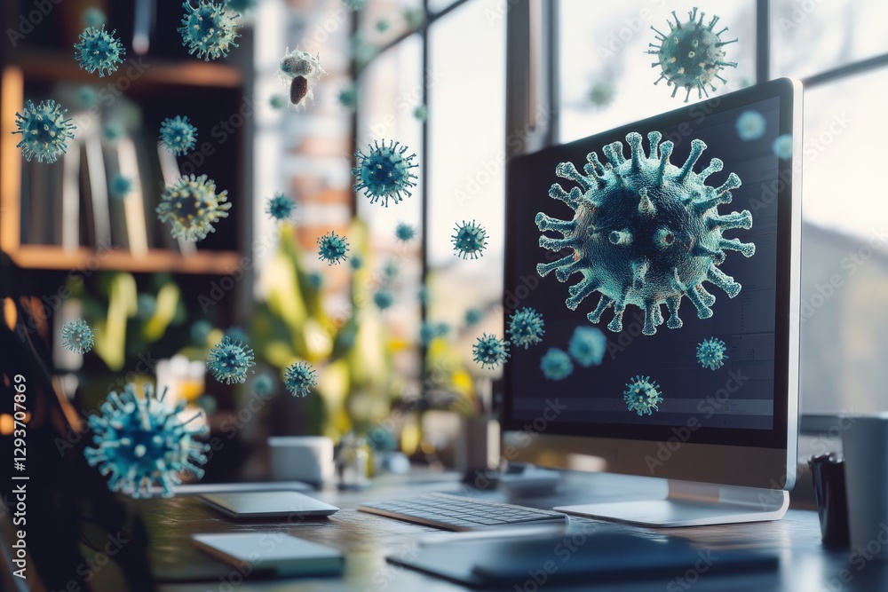 Poster virus particles around computer screen on desk.