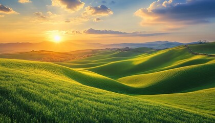 Obraz premium Aerial view of a beautiful landscape with green fields and a blue sky at sunset, in the French countryside, an idyllic rural scene, in the spring season.