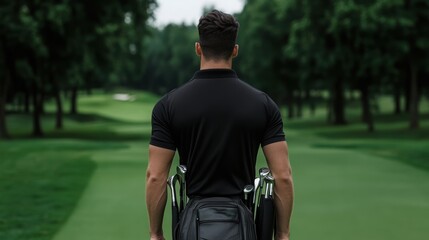 Fototapeta premium Sportsman standing on a golf course with a golf bag full of clubs 
