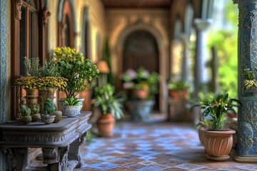 Cozy indoor hallway with potted plants and a wooden bench