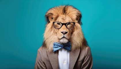 Stylish Lion in Teal Backdrop with Glasses and Bow Tie An Arty Feline Elegance Amidst Bold Colors...