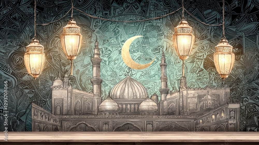 Poster stunning digital of an ornate intricate islamic mosque with domes and minarets set against a starry 