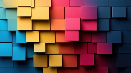 Sticky notes arranged in a gradient color pattern on a wall, aesthetic and artistic workspace