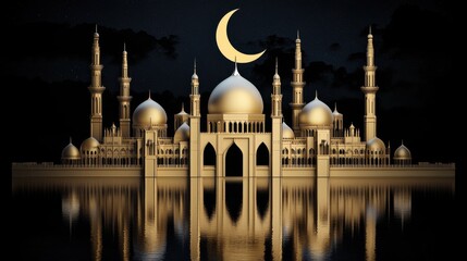 Obraz premium Breathtaking nighttime view of a majestic domed mosque with ornate minarets reflected in the still waters of a tranquil lake