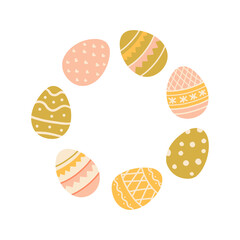 Painted Easter eggs frame, border with copy space. Flat style vector design. Easter holiday seasonal card, banner, poster, element, background
