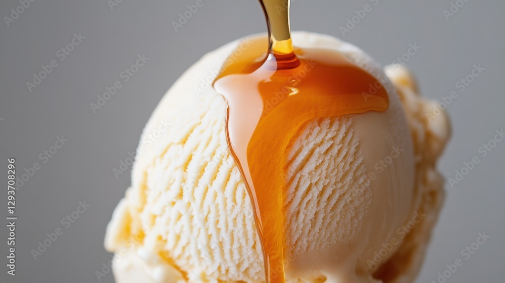 Poster syrup slowly dripping from a scoop of ice cream (macro shot).
