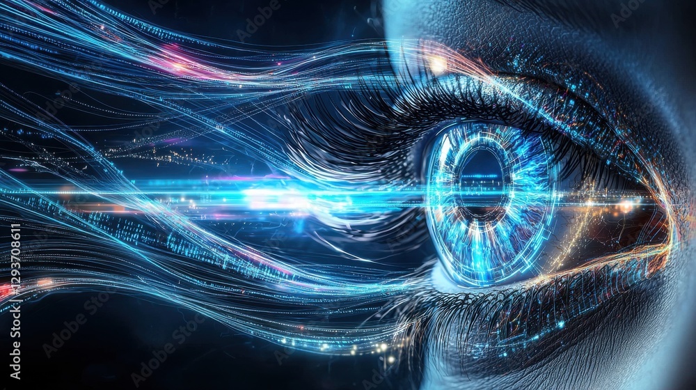 Poster captivating digital artwork featuring a surreal futuristic eye with intricate data visualization and