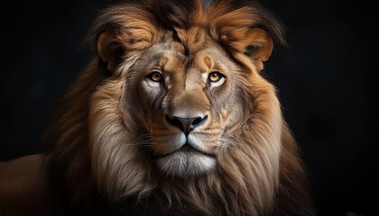 Striking Lion in Serengeti Grasslands, Majestic Creature Stands Proudly with Golden Manes Glowing Under Sunset Sky, Capturing African Wilderness Spirit