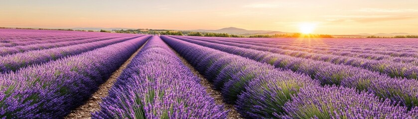 Naklejka premium Vibrant sunrise over rolling lavender fields, dappled sunlight effect.