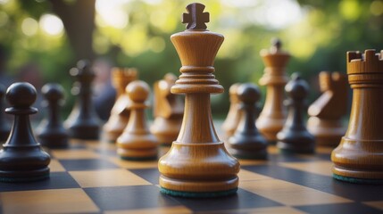 A close-up of chess pieces placed on a wooden chessboard, ready for play