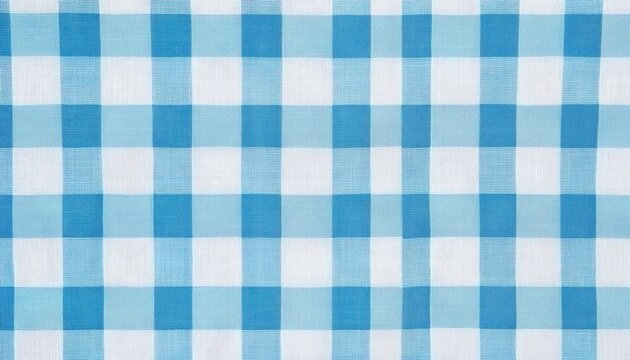 Light blue gingham pattern background, a seamless texture for design elements. White checkered fabric with light pastel colors. 