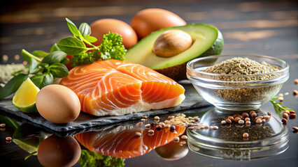 Keto diet theme – top view of salmon, avocado, eggs, nuts, and seeds on a bright. Ideal for fitness and cookery blogs and websites.