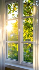 Sunlight streams through a window, illuminating sheer curtains and green foliage outside.