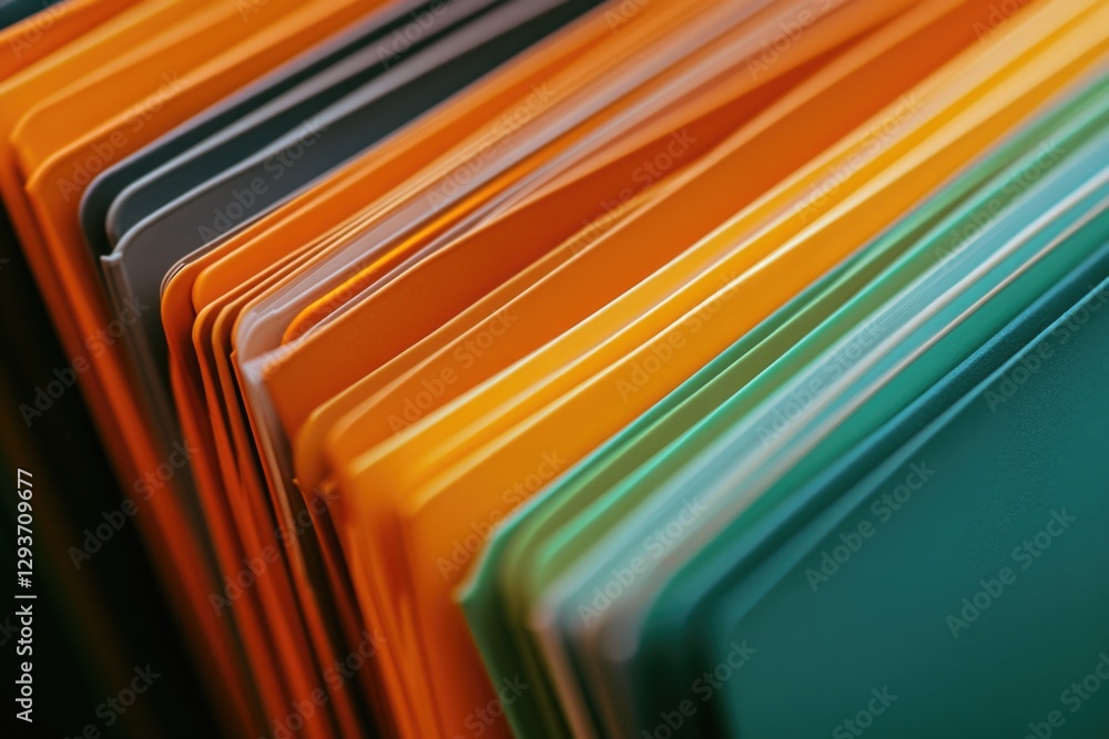 Poster a close-up view of multiple folders stacked on a table, ideal for use in office or study settings