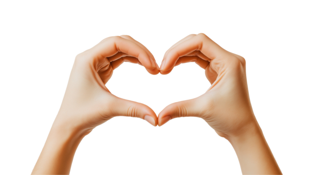 Two hands forming a heart shape by joining the tips of the thumbs and index fingers. The skin appears soft and smooth, with a gentle glow