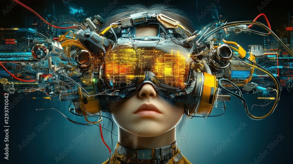 Poster surreal and imaginative digital art depicting a futuristic cyborg with advanced technological enhanc
