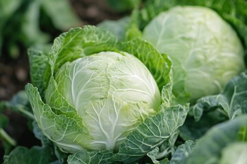 Fototapeta premium A close-up photo of a fresh head of cabbage with leaves and stem visible