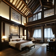 A beautiful luxury bedroom with traditional asian design elements