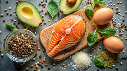 Keto diet theme – top view of salmon, avocado, eggs, nuts, and seeds on a bright. Ideal for fitness and cookery blogs and websites.