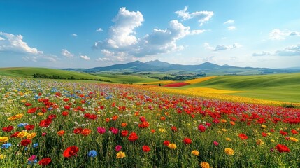 Obraz premium Colorful flower field panorama under a blue sky