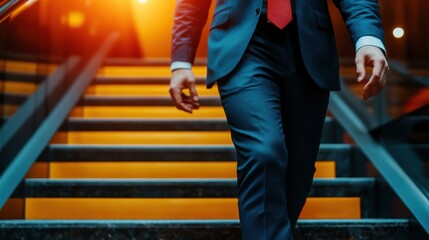 Fototapeta premium Successful professional climbing stairs in a corporate setting, career growth and ambition, symbolic shot