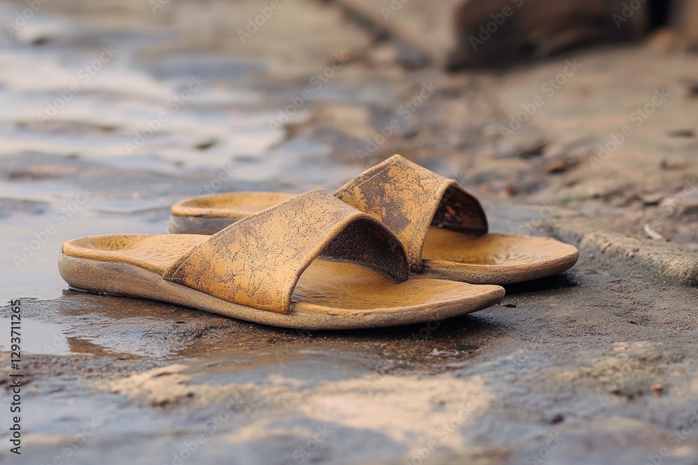 Aufkleber a pair of sandals sits on the edge of a small pool of water, perfect for adding a touch of whimsy to
