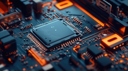 A detailed view of a computer motherboard with various components and circuits