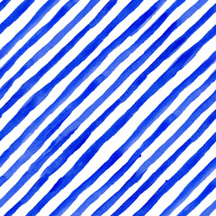 Stripes are colored, blue or ultramarine. They are diagonally located, uneven, hand-painted with a brush and watercolors. Seamless pattern Telnyashka. For decoration in a marine style, companion, wall