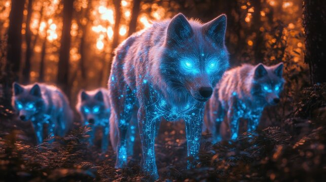 Futuristic Wolves with Neon Lights in the Forest, AI Digital Art Generated AI - Powered by Adobe