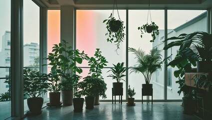 Indoor botanical garden with lush green plants by the window bathed in soft natural light