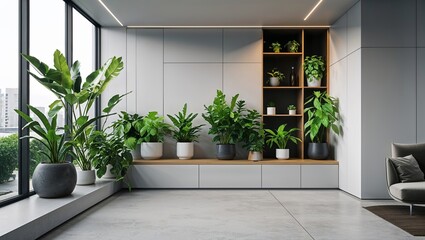 Contemporary living room with green plants and gray modern cabinets and shelves.