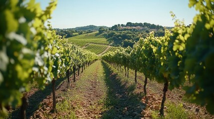 Vineyard rows stretch to hills in sunlight