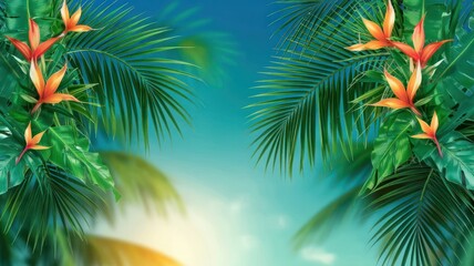 Tropical palm leaves and vibrant flowers framing a serene blue sky in a summer atmosphere
