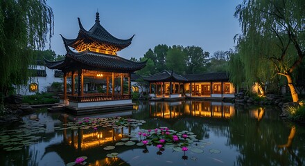 Naklejka premium Serene Chinese Garden Pavilion at Sunset with Pink Lotus Flowers 