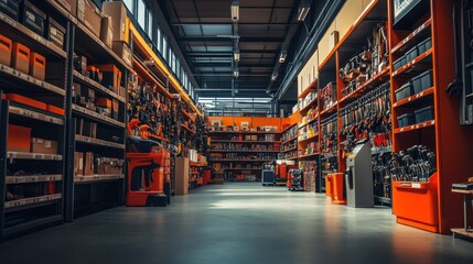 Hardware Store Interior: A Wide Shot of Organized Shelves